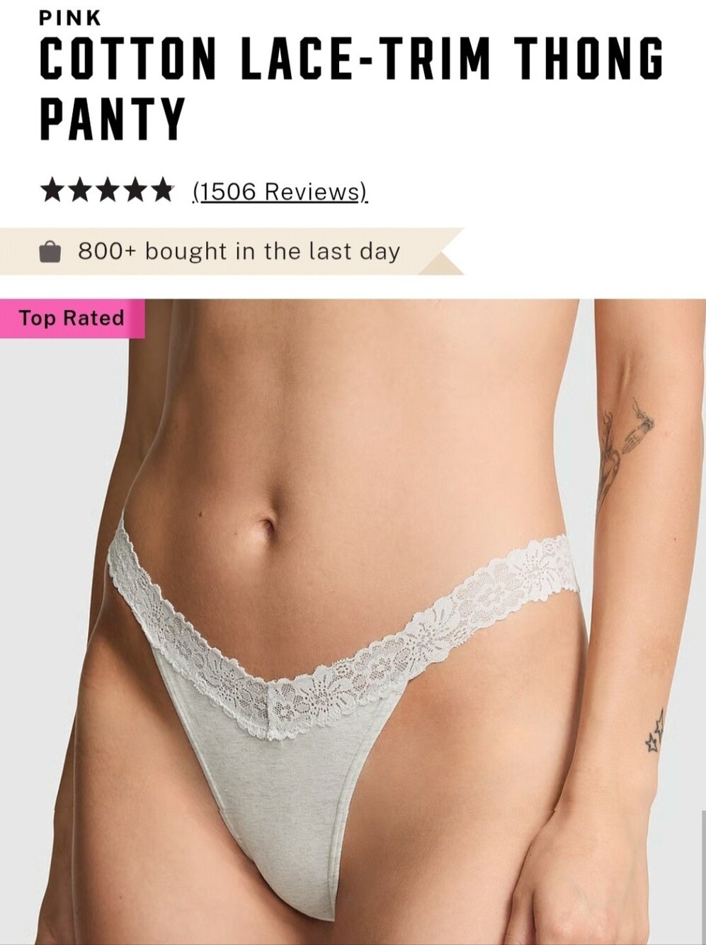 NWT VS PINK Cotton Lace Trim Thong Panty Heather Snow Shine Small